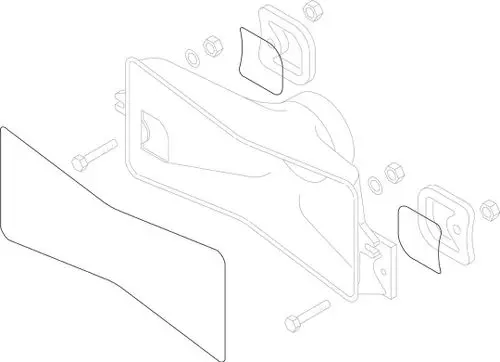 Schematische Darstellung eines Abgassammlers von Bosch mit mehreren Komponenten wie Flanschen und Schrauben, in einem technischen Zeichnungsstil.